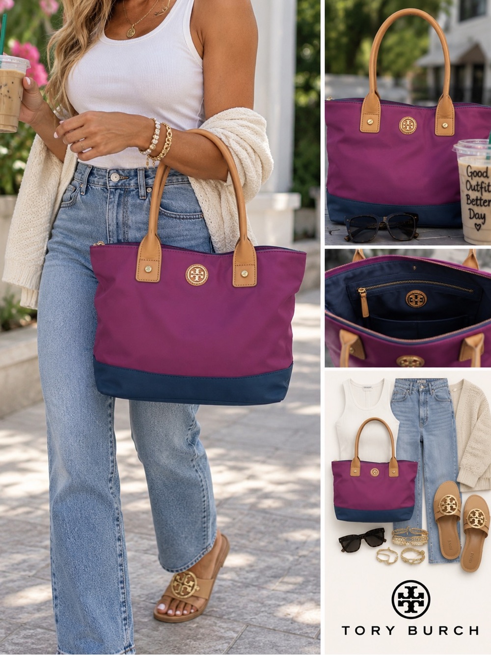 Tory Burch Magenta Nylon Tote with Tan Leather Handles and Navy Base